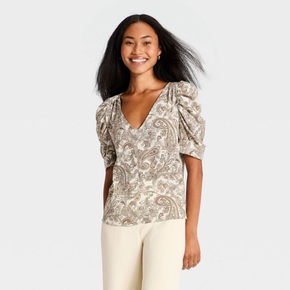 Women's Short Sleeve Draped V-Neck Top - A New Day Cream Paisley M